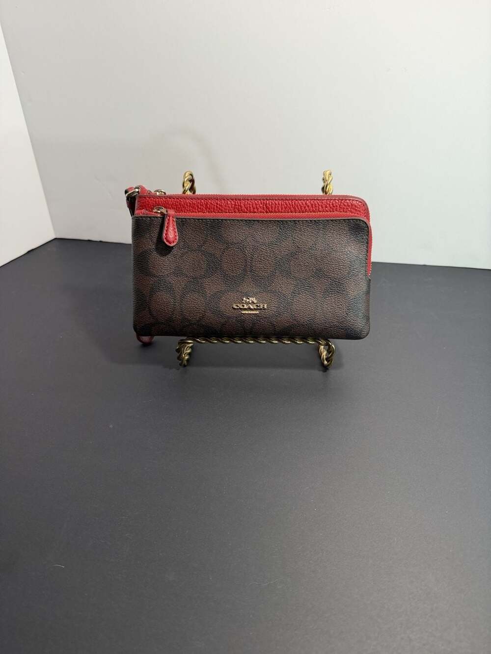 Coach C5576 Brown Signature 1941 Red Leather Double Zip Wristlet preowned like n
